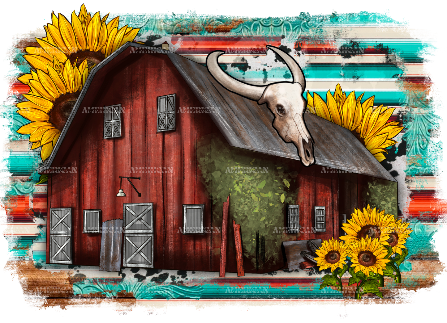 Barn And Sunflowers Cowhide DTF Transfer