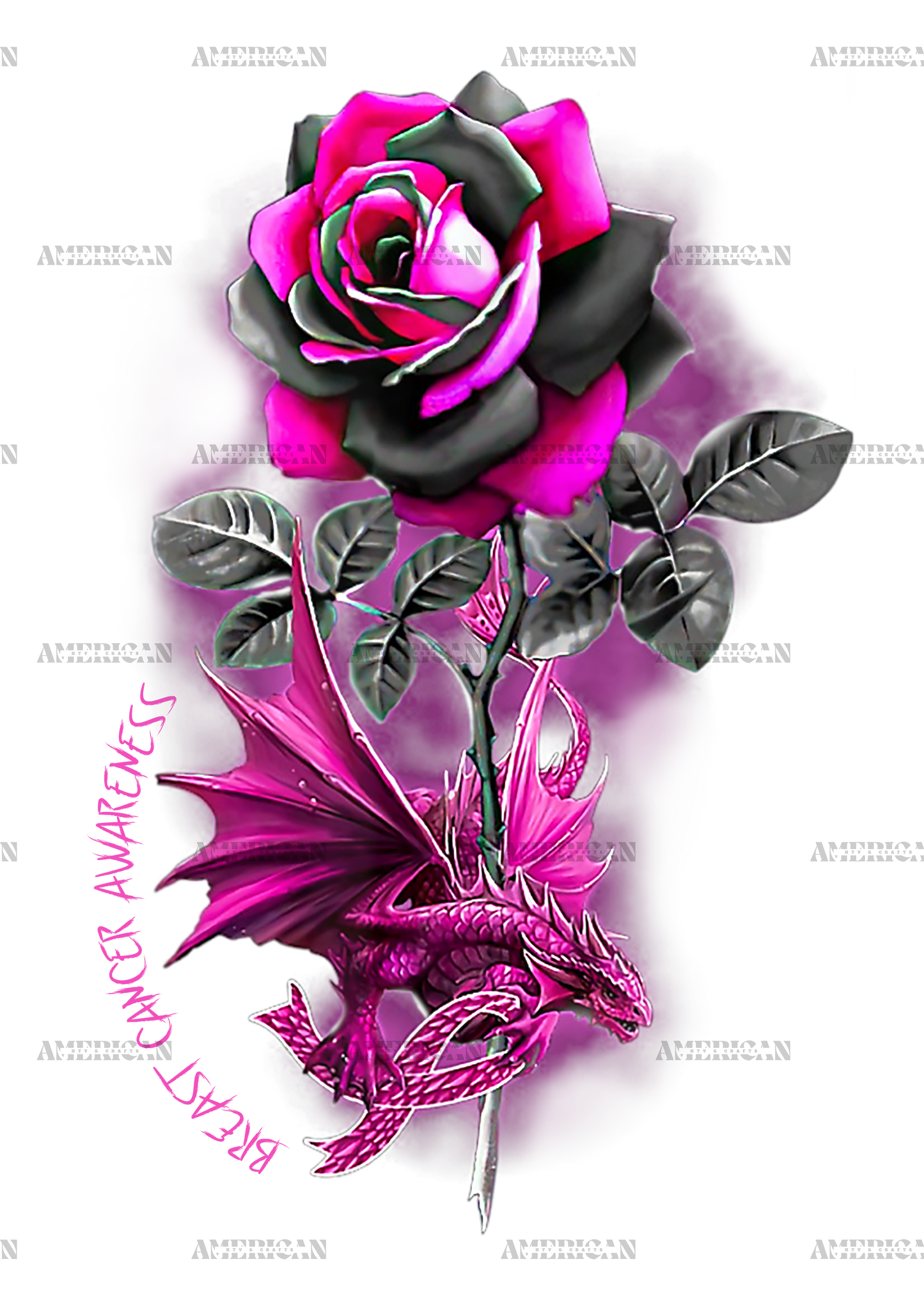 Breast Cancer Dragon Ribbon Pink Warrior Rose Flower Dragon DTF Transfer