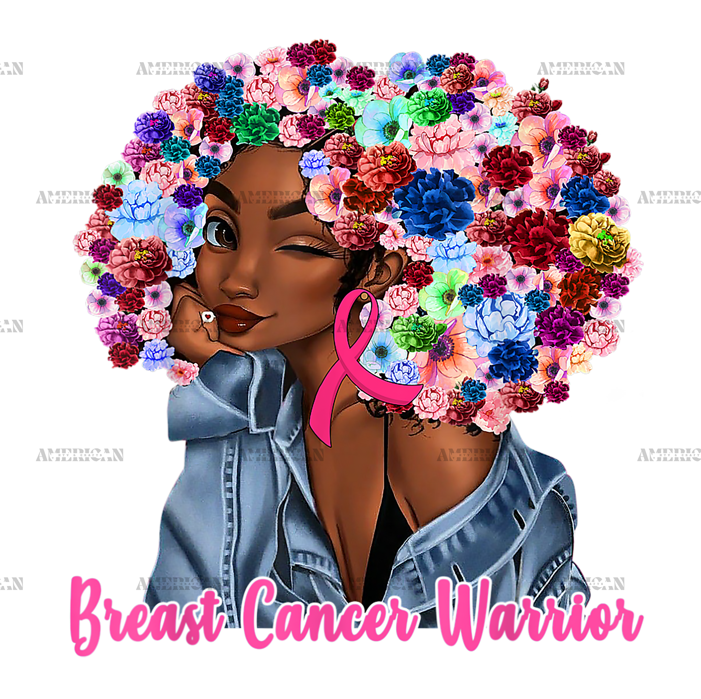 Pink Flowers Afro Hair Black Woman Breast Cancer Warrior DTF Transfer