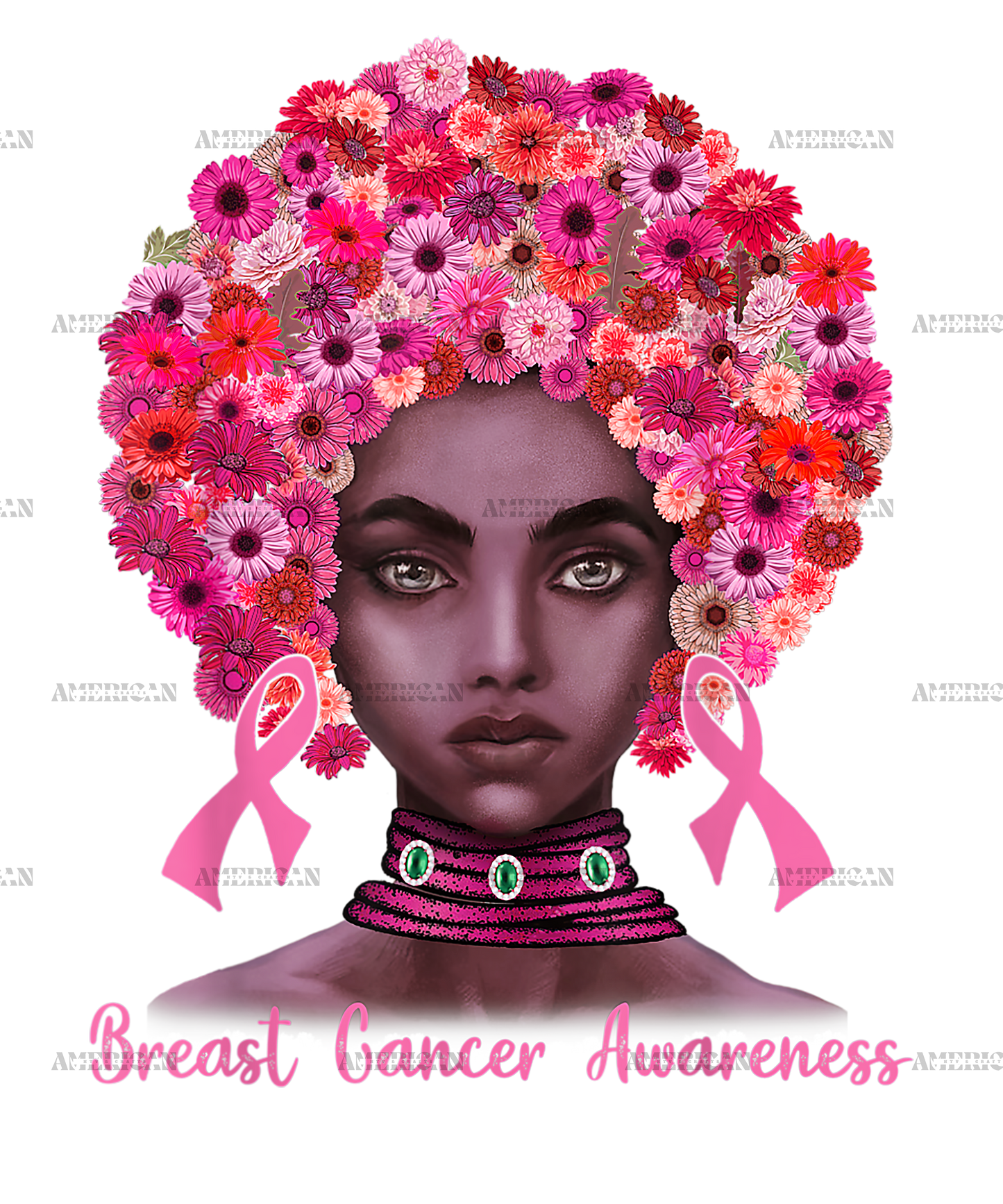 Pink Ribbon Afro Flowers Hair Black Queen Breast Cancer DTF Transfer