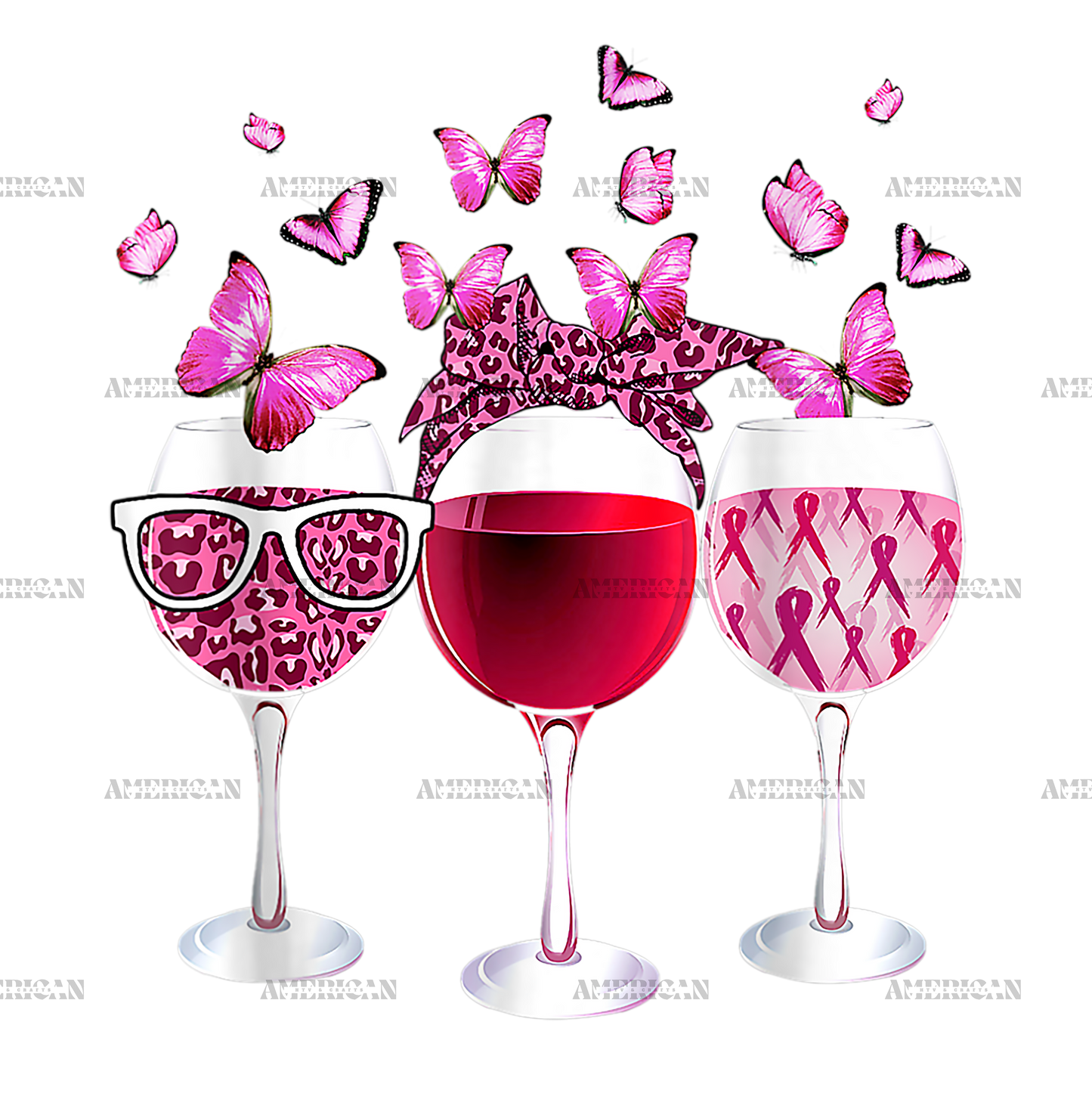 Pink Ribbon Wine Glass Butterfly Breast Cancer Awareness DTF Transfer