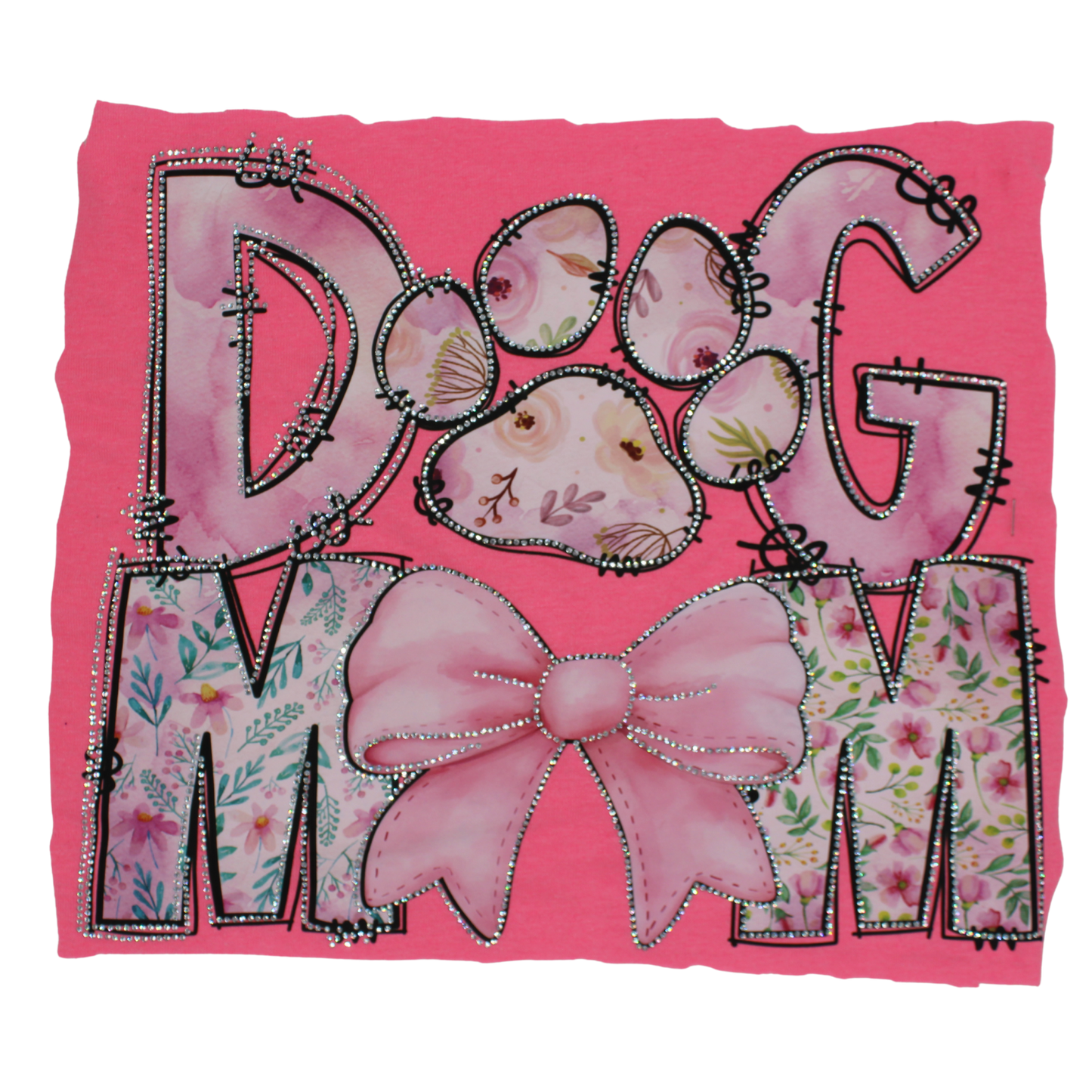 Dog MOM Rhinestone DTF Transfer - Floral paw print & Pink Coquette Bow Bling