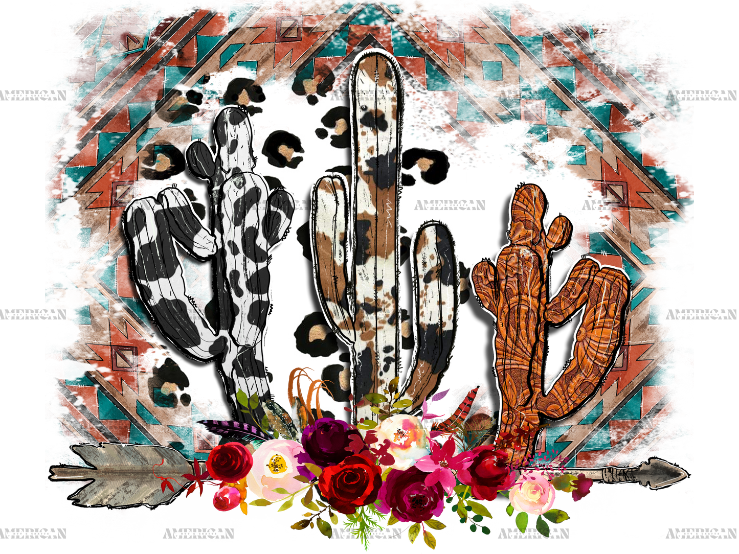 Western Cactus And Rose DTF Transfer
