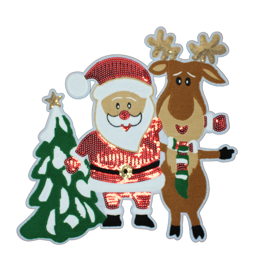 Christmas Santa Reindeer Patch (Large/Chenille/Sequin)