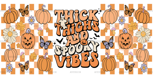 Checkered Thick Thighs And Spooky Vibes Pumpkin UV DTF Transfer
