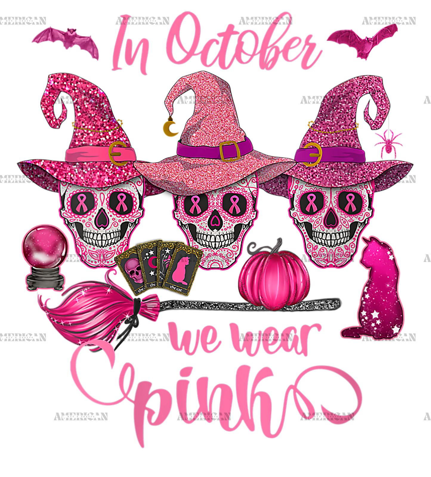 Womens In October We Wear Breast Cancer Awareness Pink Sugar Skull DTF Transfer