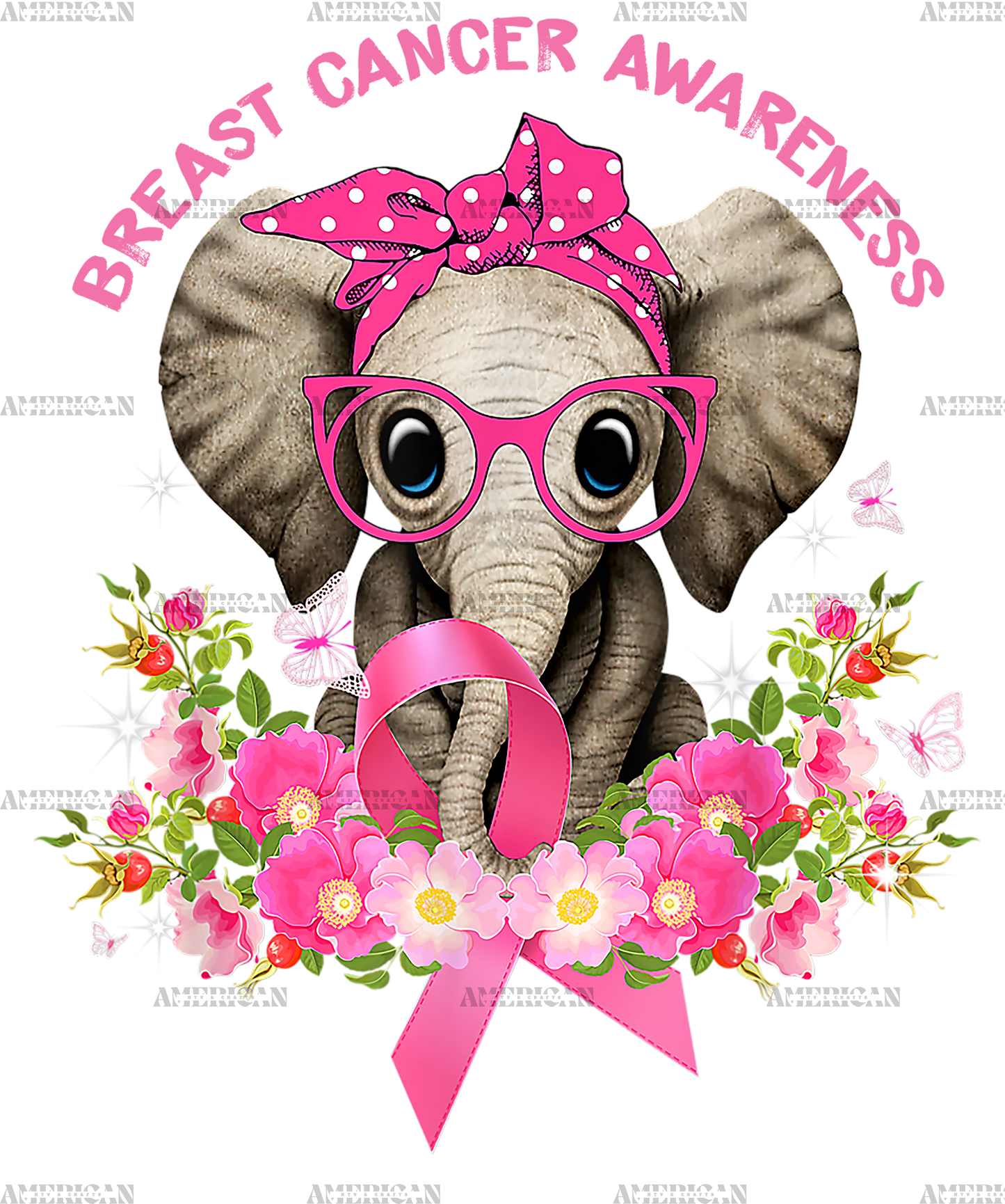 Breast Cancer Awareness Elephant Flowers Pink Ribbon DTF Transfer