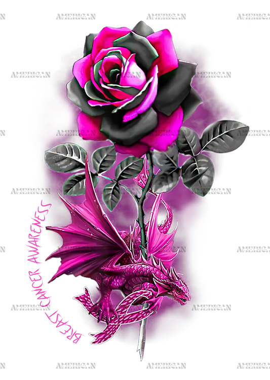 Breast Cancer Dragon Ribbon Pink Warrior Rose Flower Dragon DTF Transfer