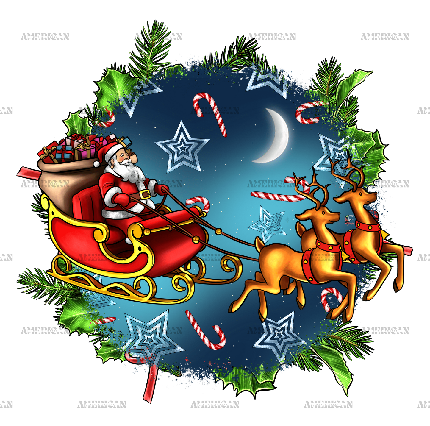Christmas Santa With Reindeers DTF Transfer