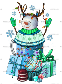 Christmas Snowman With Coffee Drink DTF Transfer