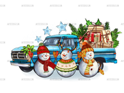 Christmas Snowmen With Truck DTF Transfer