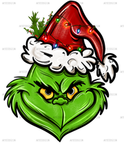 Grinch Santa Hat Face DTF Transfer
