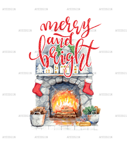 Merry And Bright Fireplace DTF Transfer