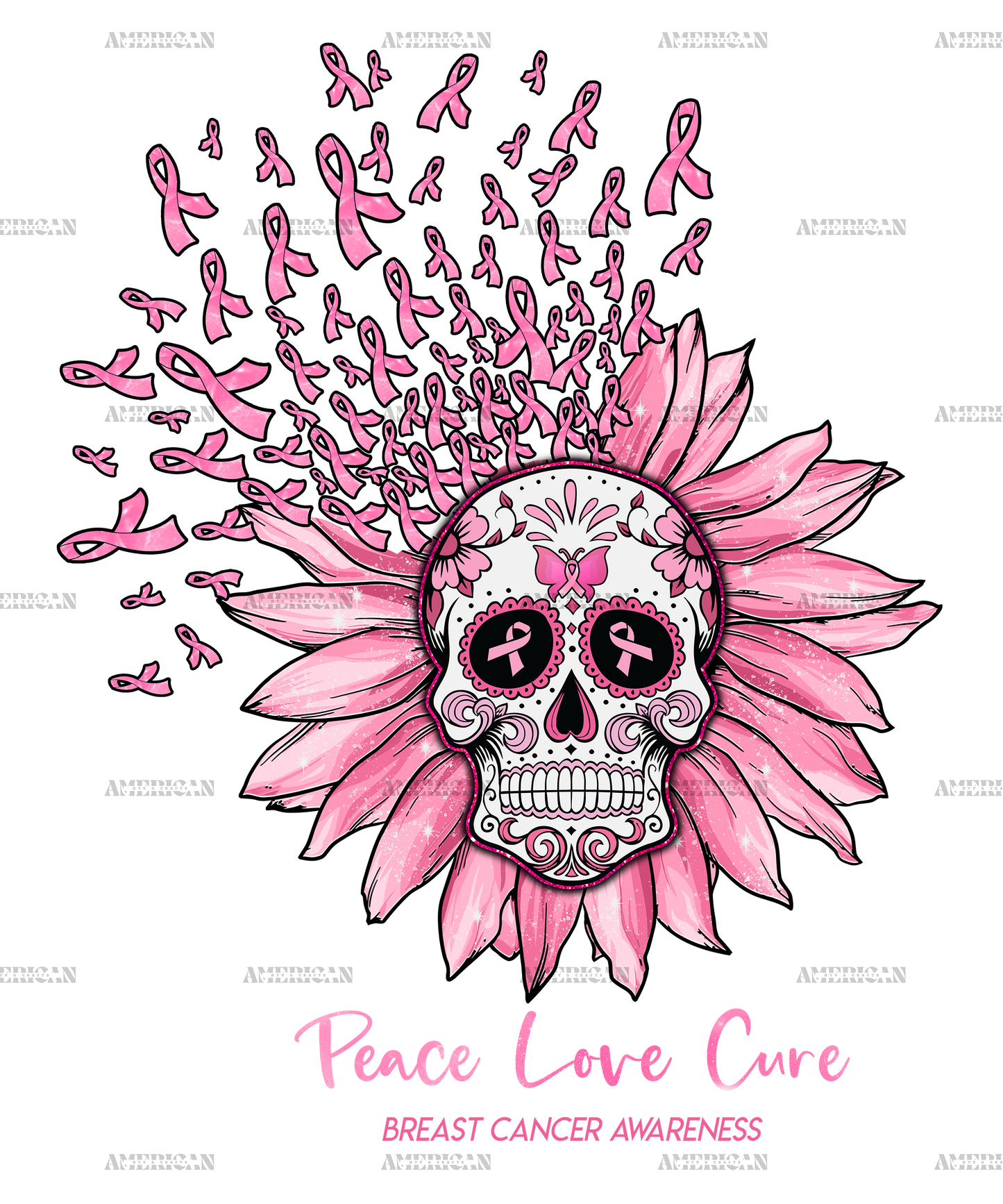 Peace Love Cure Sunflower Skull DTF Transfer