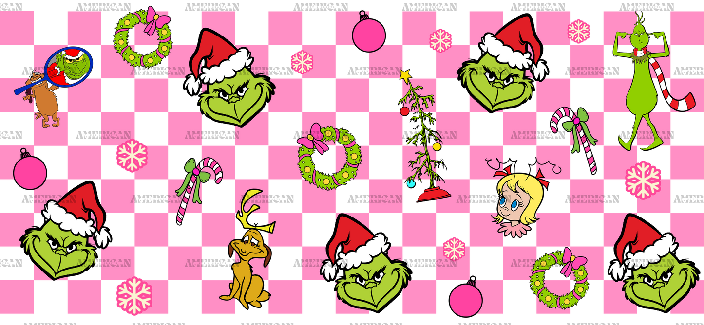 Pink Checkered Grinchmas UV DTF Transfer