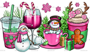 Pink Christmas Snowman Coffee Cups DTF Transfer