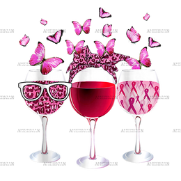 Pink Ribbon Wine Glass Butterfly Breast Cancer Awareness DTF Transfer