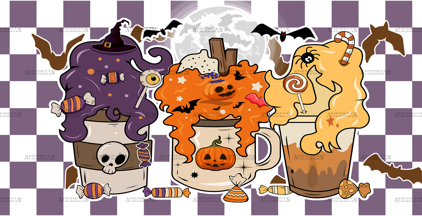 Purple Checkered Halloween Coffee UV DTF Transfer