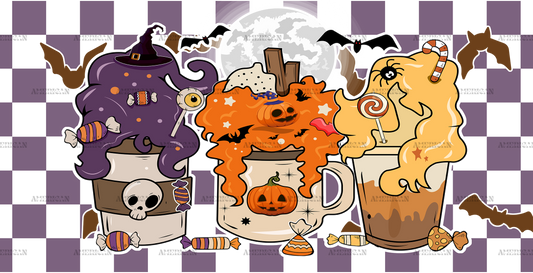 Purple Checkered Halloween Coffee UV DTF Transfer