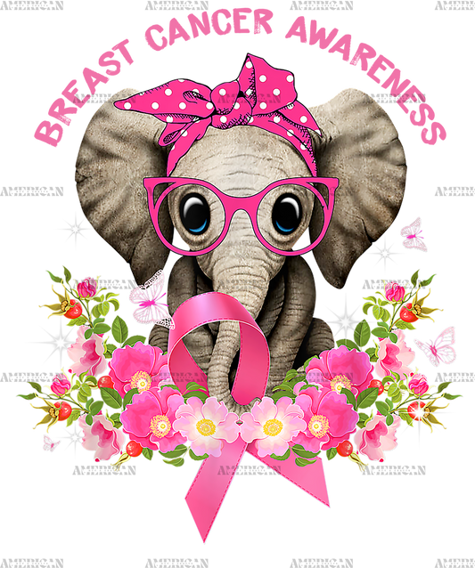 Breast Cancer Awareness Elephant Flowers Pink Ribbon DTF Transfer