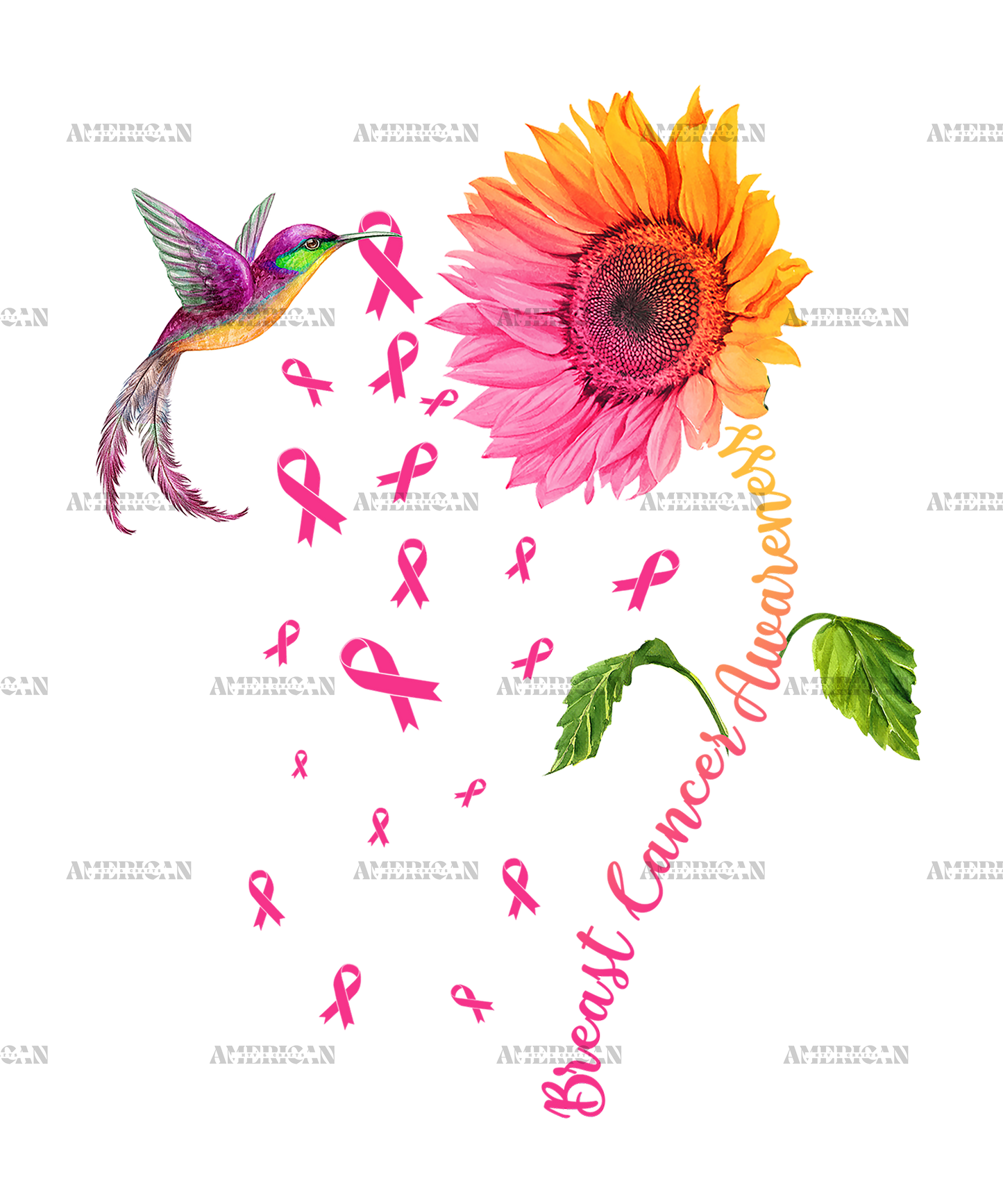 Breast Cancer Awareness Sunflower Hummingbird DTF Transfer