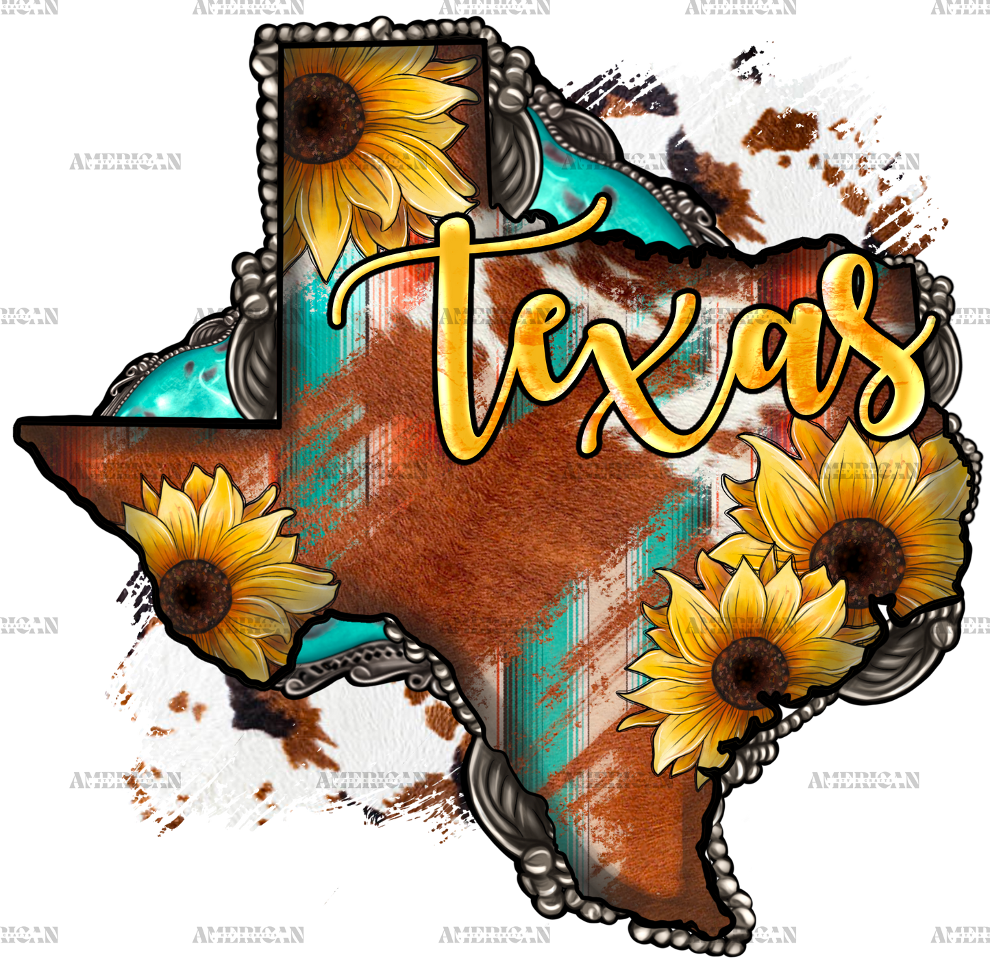 Cowhide Sunflower Texas Map DTF Transfer