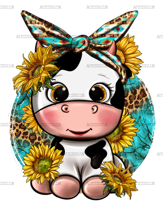 Cute Cow With Sunflower And Leopard DTF Transfer