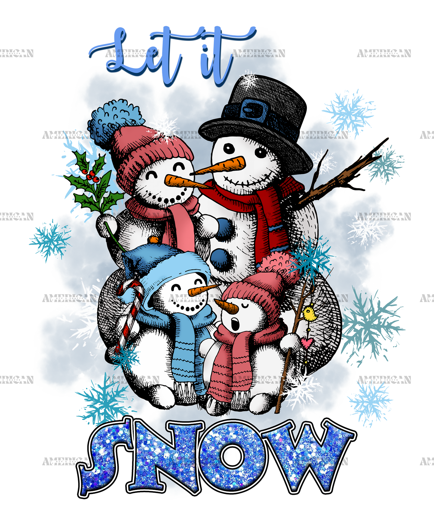 Let It Snow Snowman Family DTF Transfer