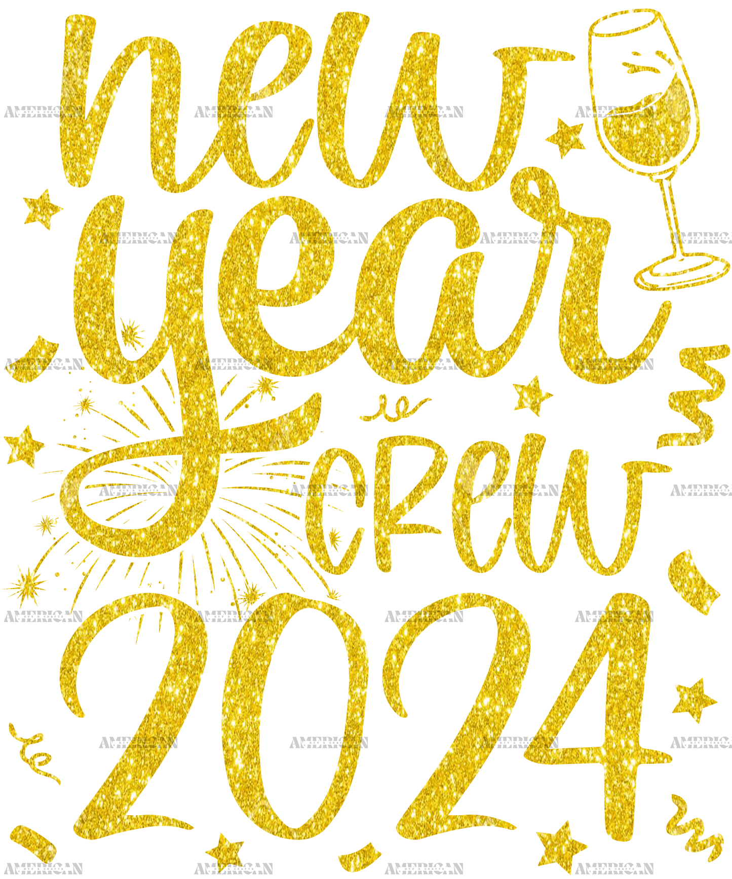 New Year Crew 2024 Gold Glitter DTF Transfer