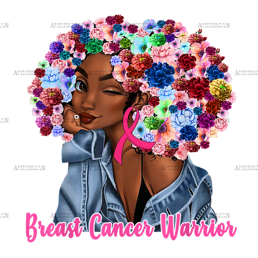 Pink Flowers Afro Hair Black Woman Breast Cancer Warrior DTF Transfer