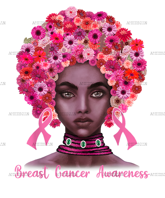 Pink Ribbon Afro Flowers Hair Black Queen Breast Cancer DTF Transfer