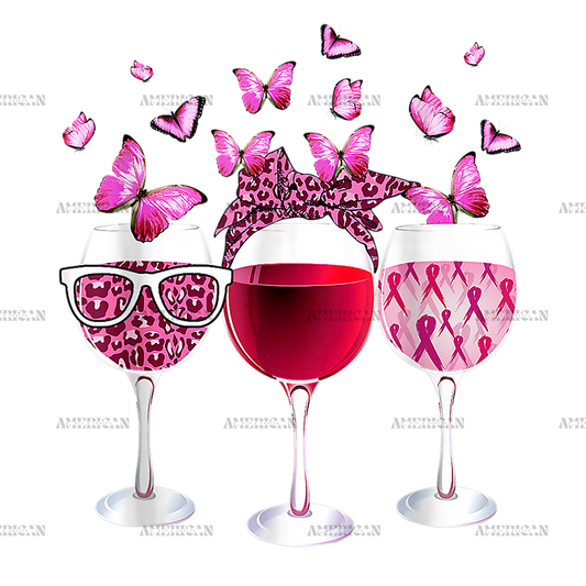 Pink Ribbon Wine Glass Butterfly Breast Cancer Awareness DTF Transfer