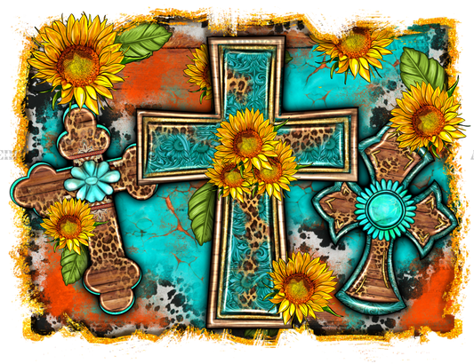 Three Cross With Sunflowers Background DTF Transfer