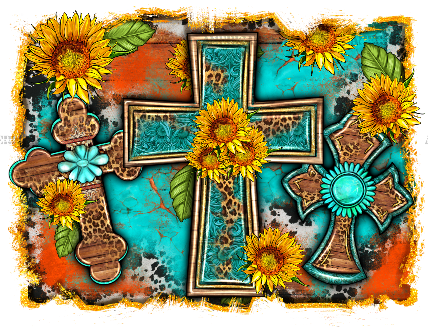 Three Cross With Sunflowers Background DTF Transfer